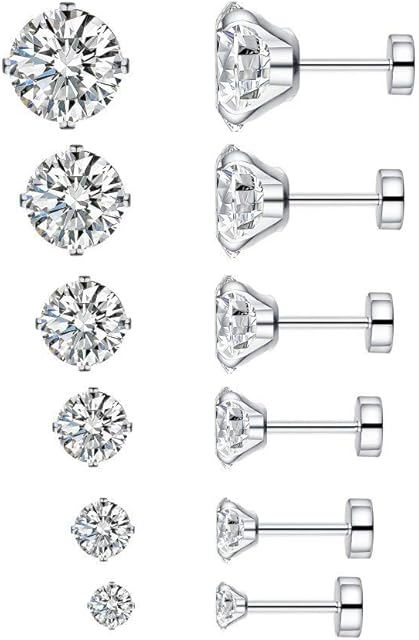 6 Pairs 18G Stainless Steel Cubic Zirconia Stud Earrings for Women Men Cartilage Ear Piercings Helix Tragus Flat Screw Backs 3mm 4mm 5mm 6mm 7mm 8mm Set