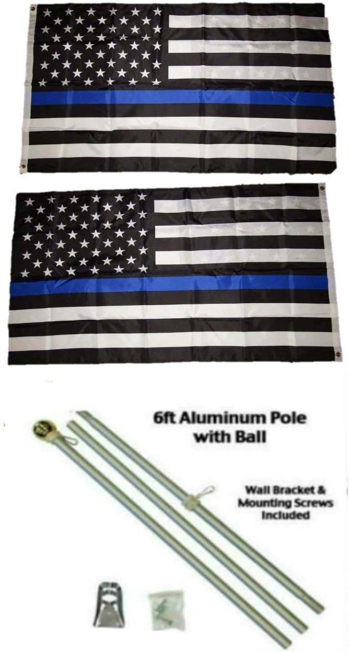 AES USA Blue Police Line Memorial 3'x5' Polyester 2 Ply Double Sided Flag with 6' Aluminum Flag Pole Kit with Gold Colored Ball Topper