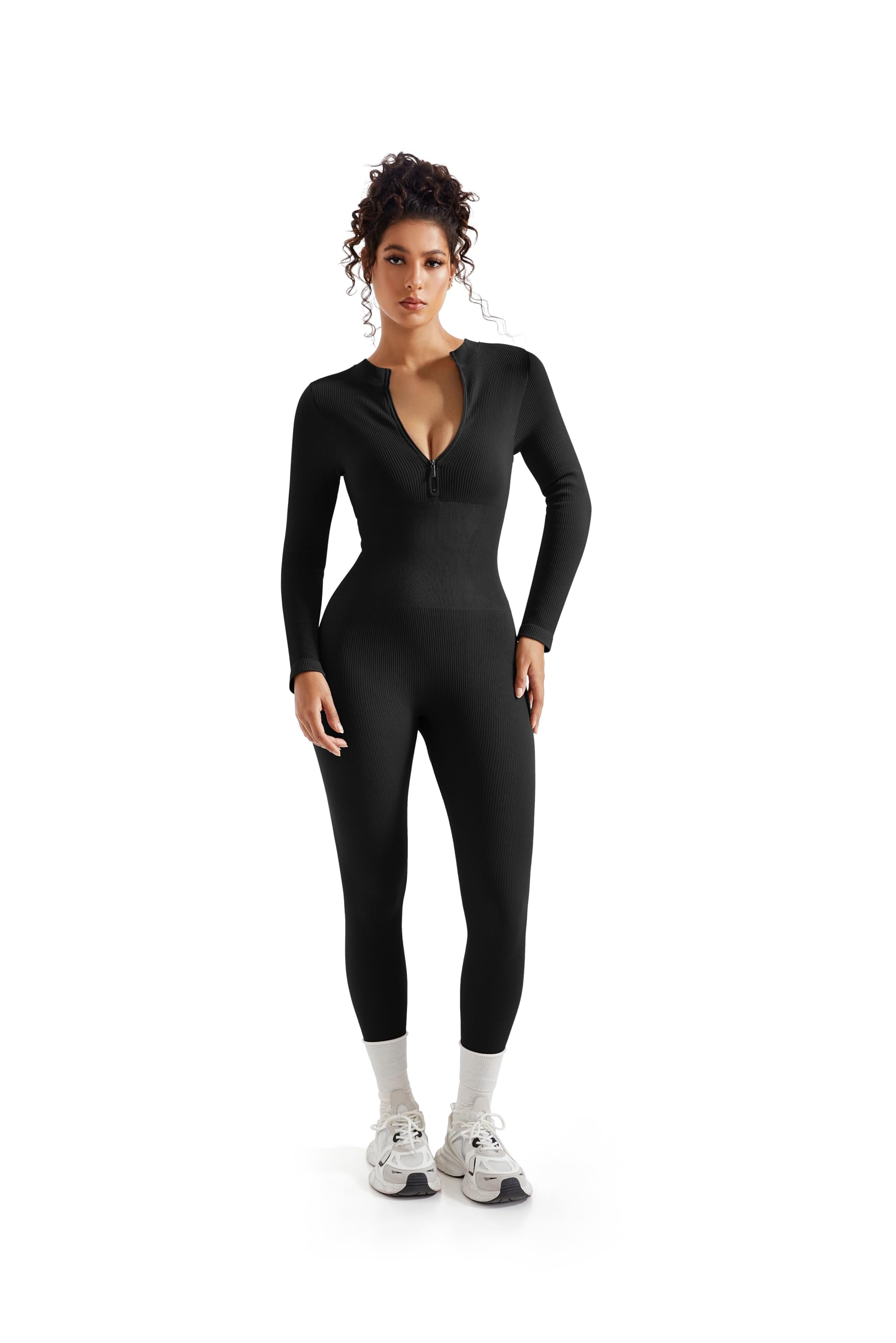 SUUKSESS Women Long Sleeve Ribbed Jumpsuit Zip up Front Workout Bodycon Romper