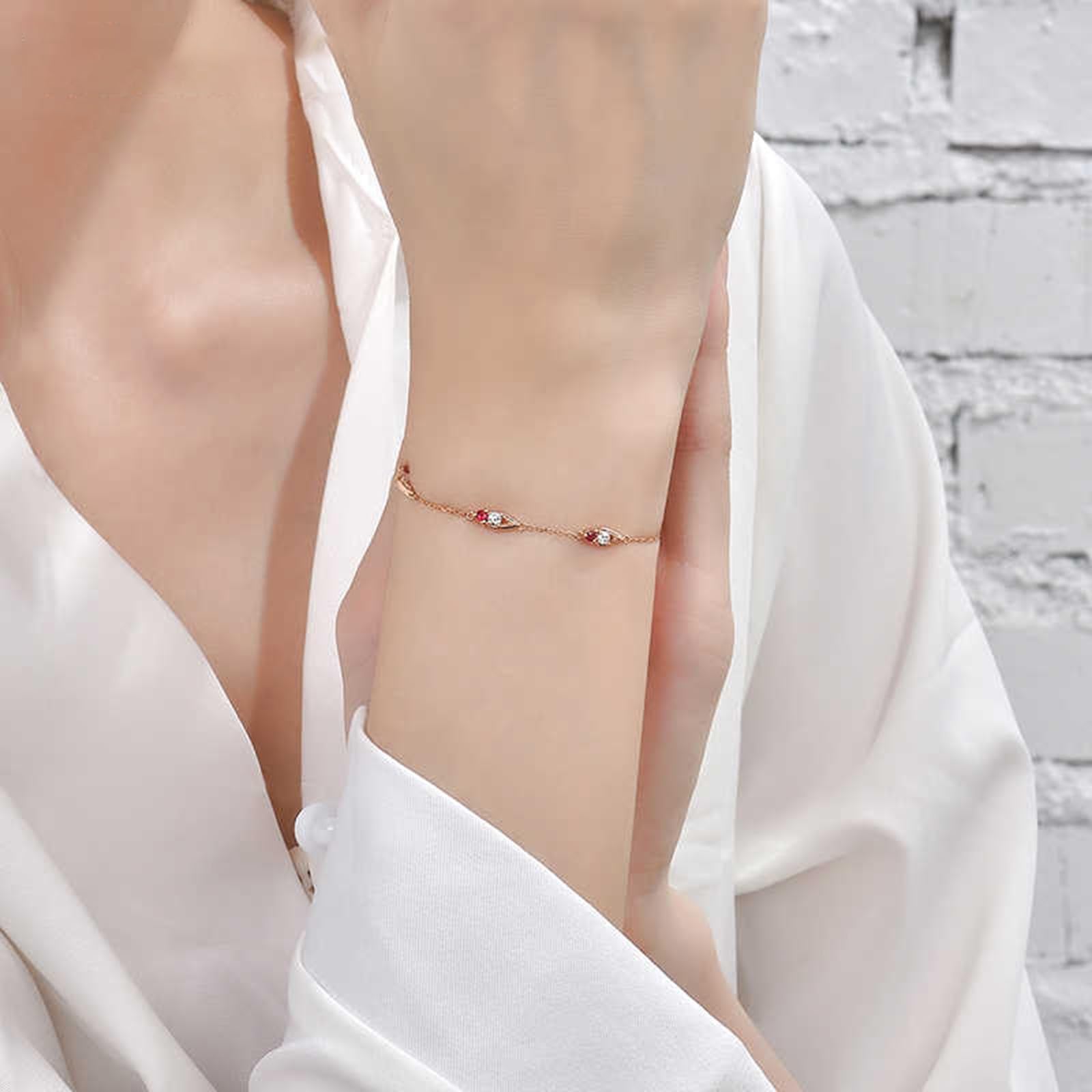 Pulseras de la amistad de oro rosa, rubí de 0,15 quilates, diamantes de 0,14 quilates, pulseras de la amistad para mujer