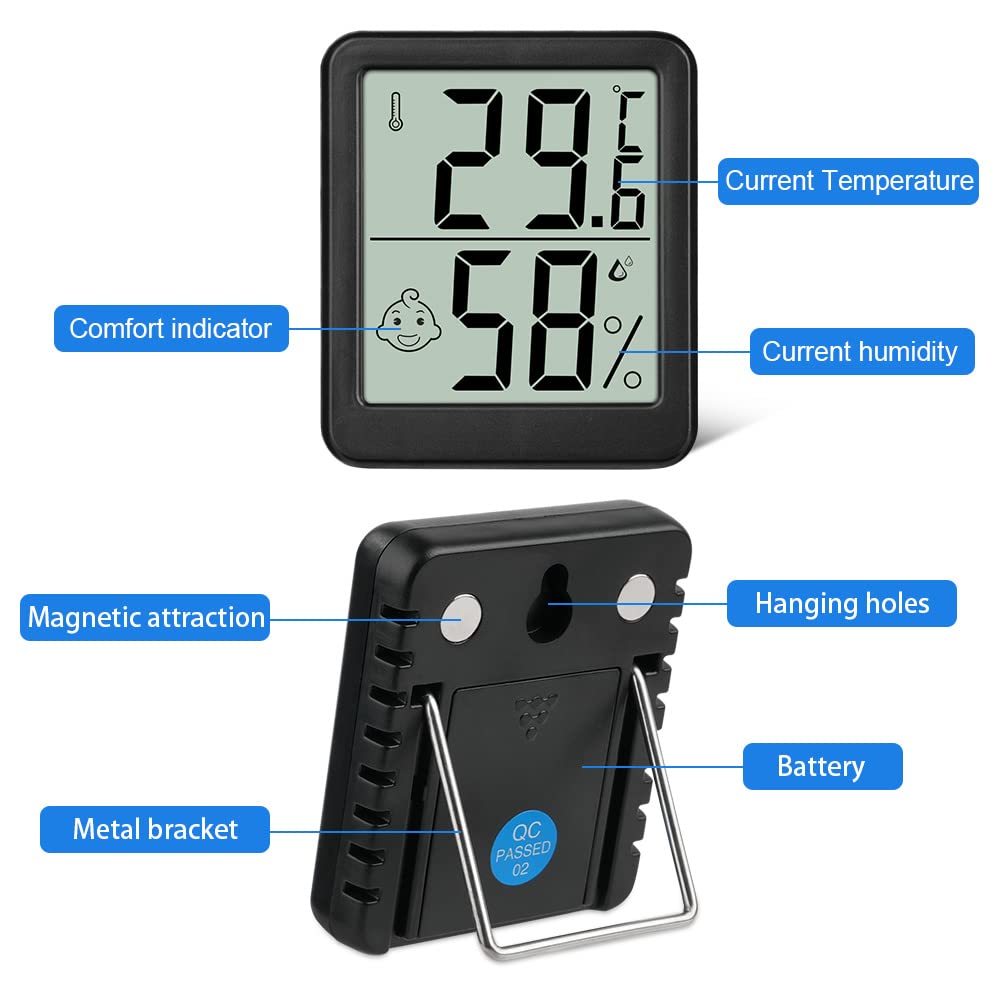 Flintronic Thermometer Hygrometer, 4PCS Digital Mini Thermometer and Hygrometer with Metal Stand, Thermohygrometer with Smile Face Indicating Data for Indoor, Living Room, Baby Room, Office (Black) — view 2