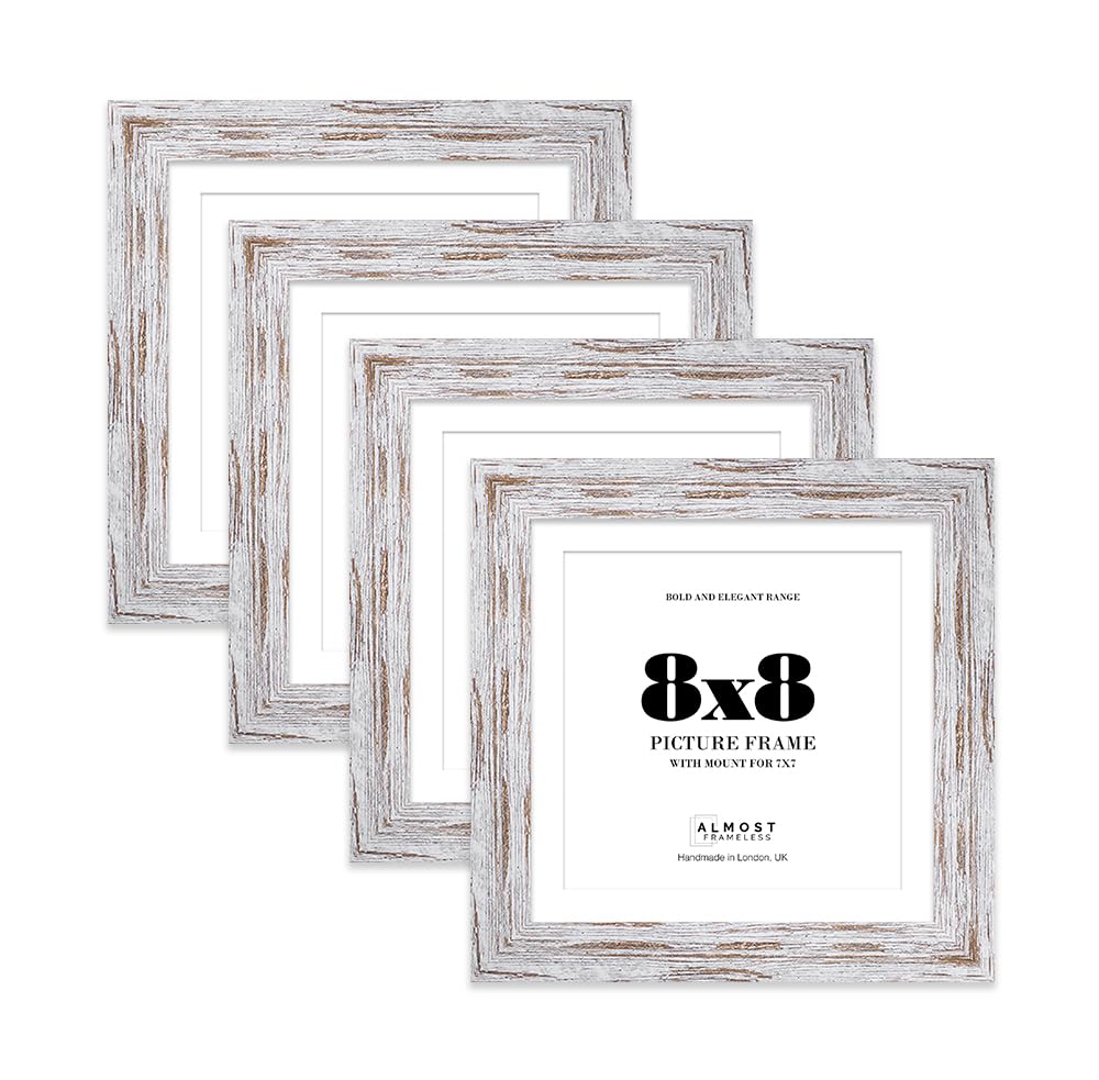8x8" Distressed Wood Square Frame With Mount for 7x7" Pictures 28mm Edge Frame Display with Wall Hooks and Kickstand, 4 Pack