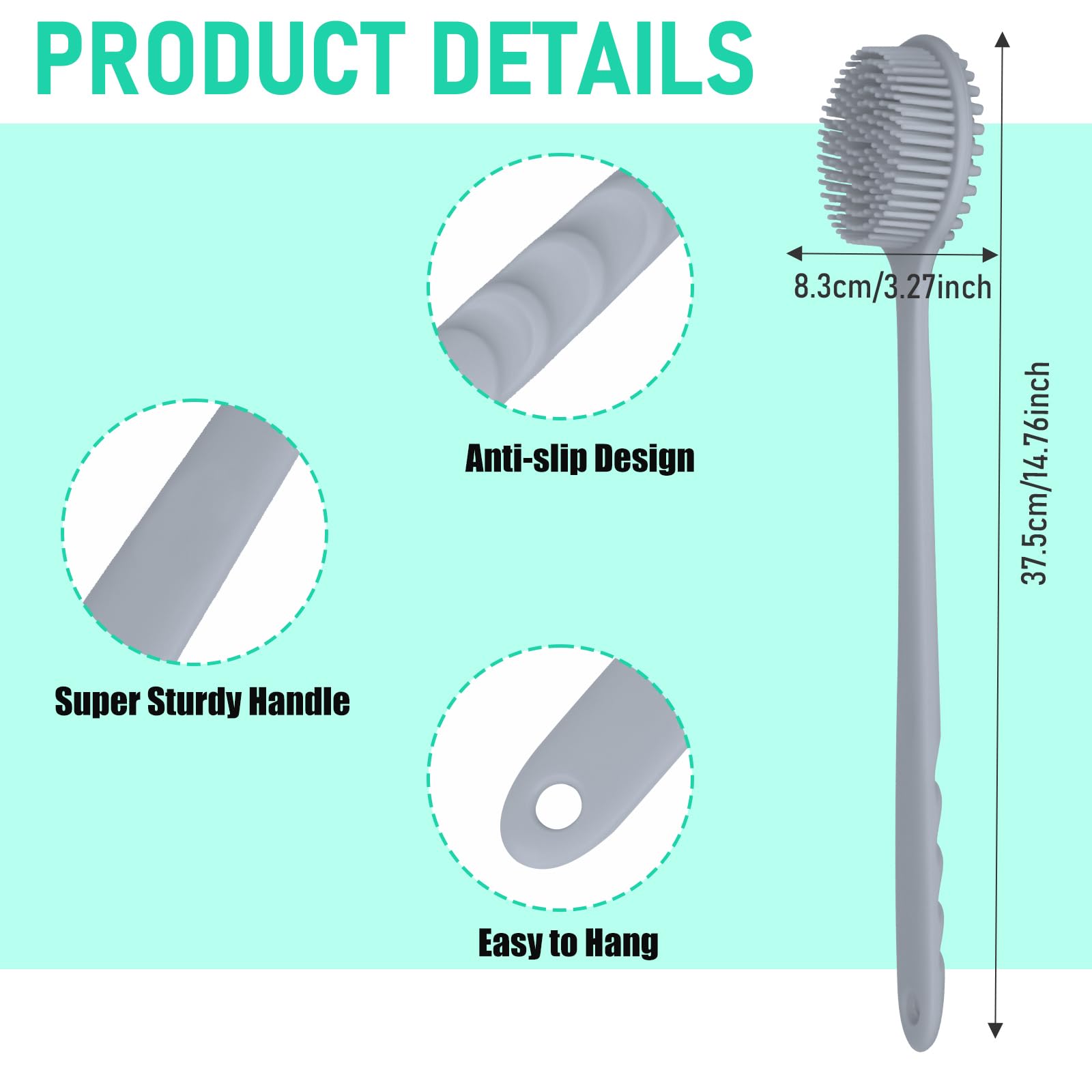 KXF Silicone Back Scrubber 37.5cm Long Handle Double-Sided Shower Body Brush Body Scrubber Bath Wash Brush with Soft Lathering Bristles and Stiff Massage Nodes Gentle Exfoliating Showering Exfoliator - Image 2