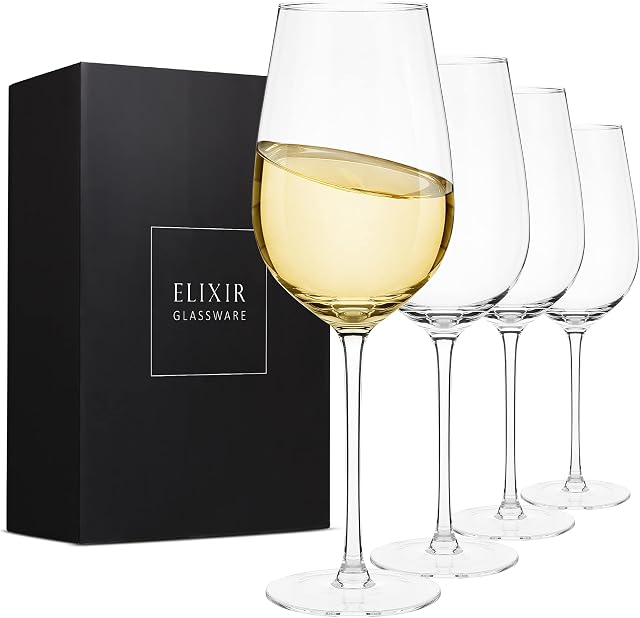 White Wine Glasses Set of 4 - Hand Blown Crystal Wine Glasses - Modern Long Stem Wine Glasses - Tall Chardonnay Wine Glasses with Stem for Wedding, Christmas, Wine Tasting, Wine Lovers - 18 oz, Clear