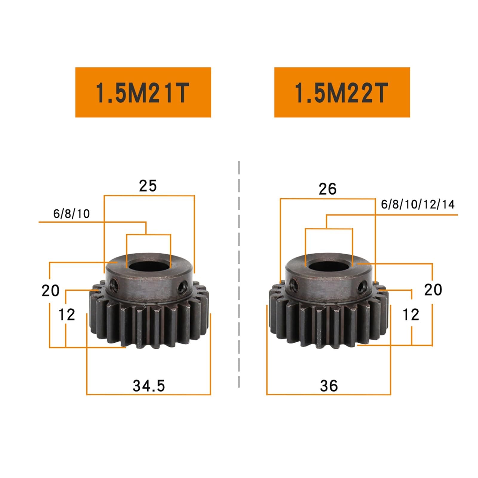 Bevel Gear Pinion Hardware Mechanical Motor Gear 1.5M-21T Bore 6/8/10/12/14mm Teeth Thickness 12mm Blackening Carbon Steel Metal Gears for Transmission(8mm)