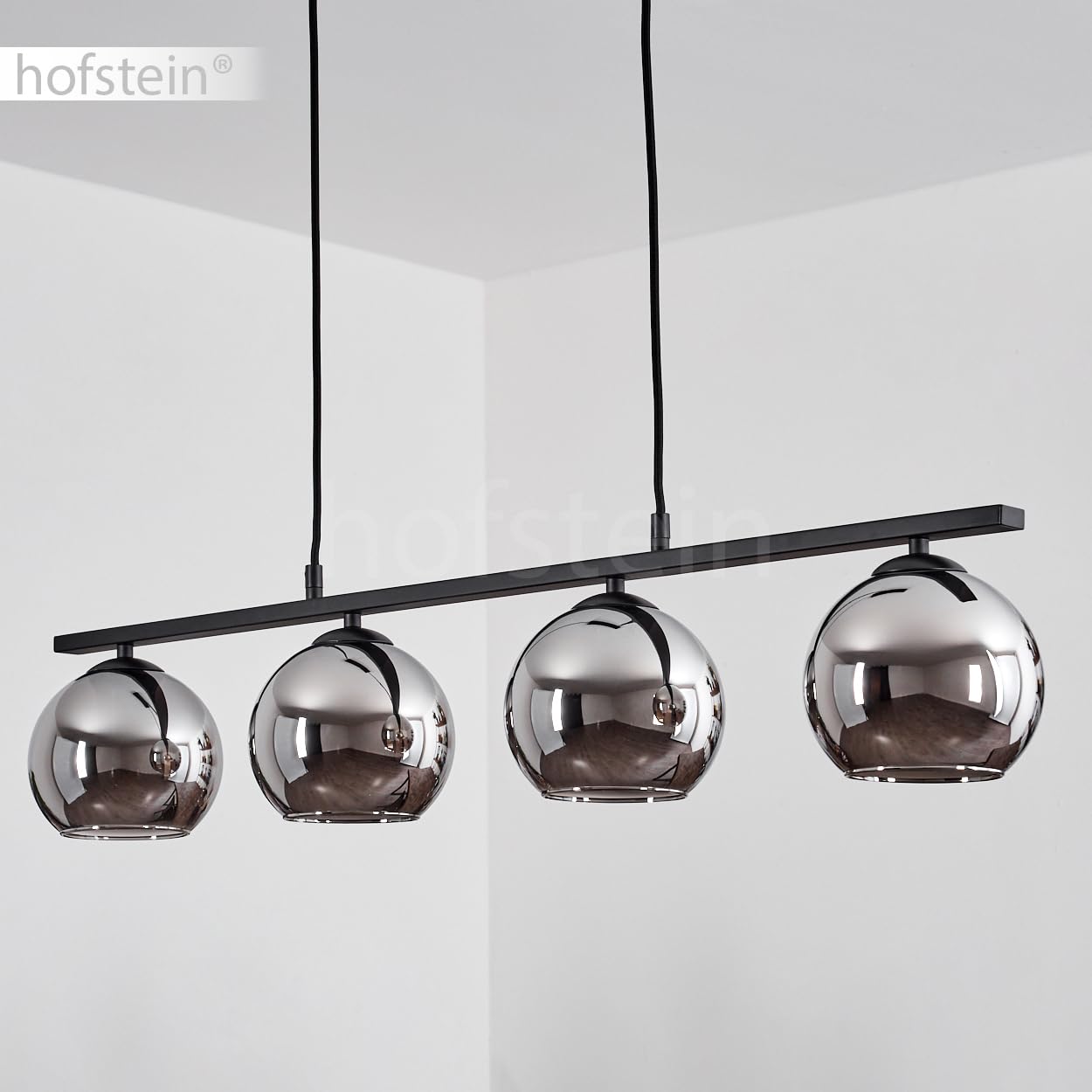 Pendelleuchte Koyoto, Hängelampe aus Metall/Glas in Schwarz/Chromfarben, Hängeleuchte im Retro/Vintage-Design mit Glasschirmen (Ø 15 cm), 4-flammig, Höhe max. 111,5 cm, 4 x E27, ohne Leuchtmittel