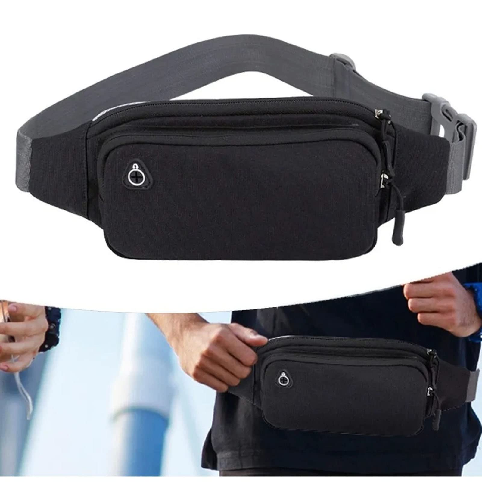 Ausla Nylonowa Torba w Talii Fanny Pack Bag Paska z Regulowanym Paskiem Wodoodporna Konstrukcja Oddychająca z Tyłu Oddychania do Biegania na Rowerze (Nylon czarny (szary pasek))
