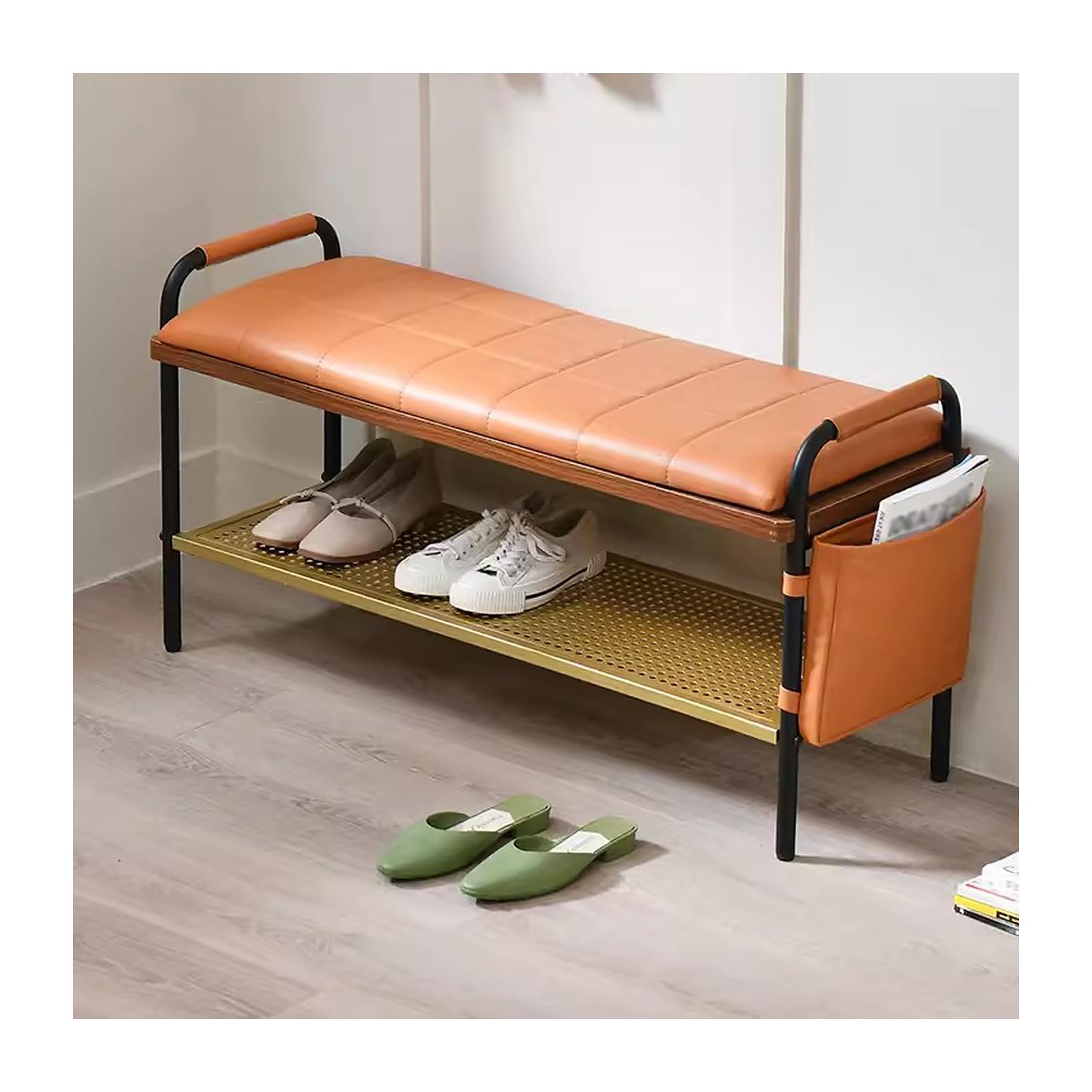 SXZenSpace Faux Leather Ottoman Storage Bench with Shoe Rack, Farmhouse Entryway Benches, Changing Stool