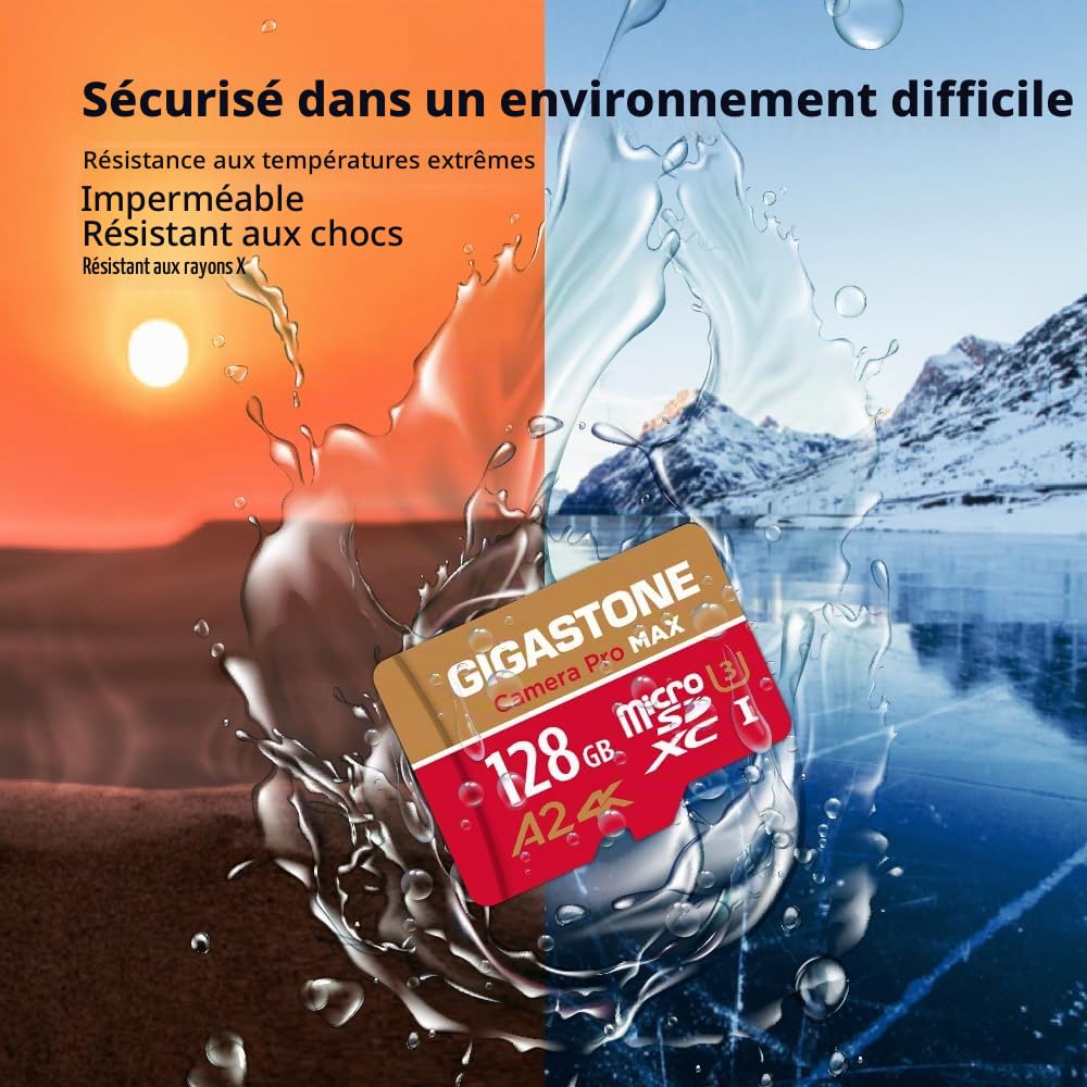 [5 Ans Récupération de données Gratuite] GIGASTONE Carte Mémoire 128 Go, Camera Pro Max, Vitesse jusqu'à 150/100 Mo/s, pour GoPro, DJI, Drone, 4K Video A2 V30 U3 MicroSDXC avec Adaptateur