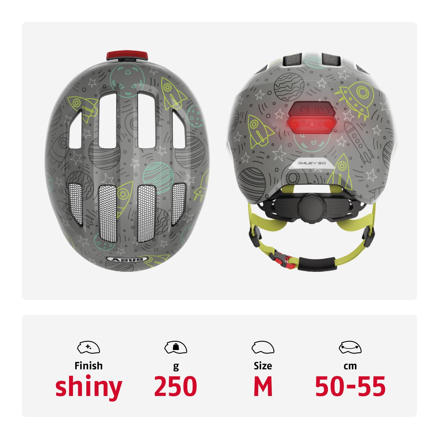 ABUS casco per bambini Smiley 3.0 LED - casco da bici con luce - vestibilità profonda e spazio per il codino - per bambine e bambini