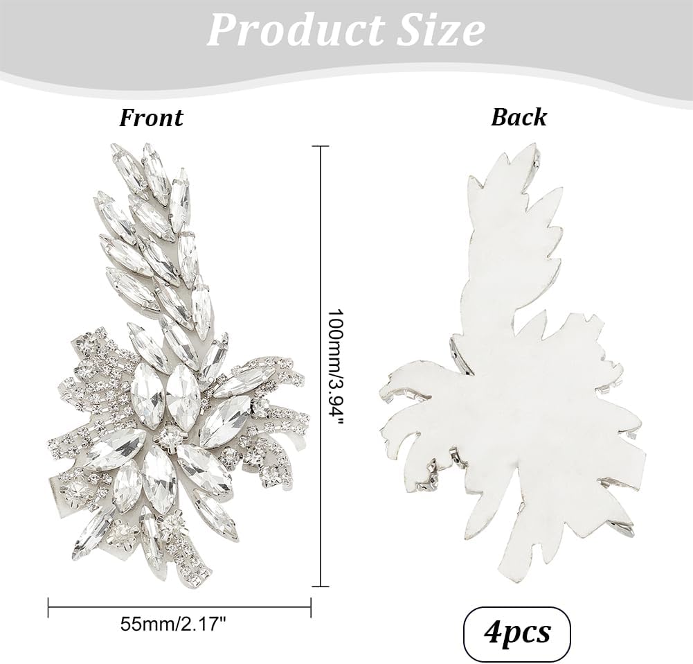 FINGERINSPIRE 4Pcs Flower Crystal Applique Patch 2.2x3.9 Inch Clear Rhinestone Sew on Embroidered Patch with No-Woven Fabric Base for Wedding Dress Bridal Belt Bags DIY Craft Embellishment