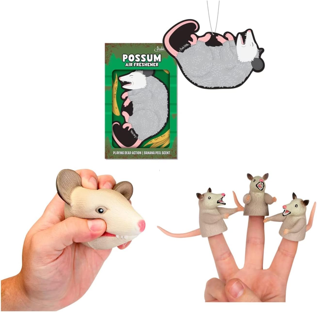Archie McPhee - Perplexing Possum Perfection Pack - Air Freshener, 3 Finger Puppets and Stress Ball - Set of 5, 2 inches