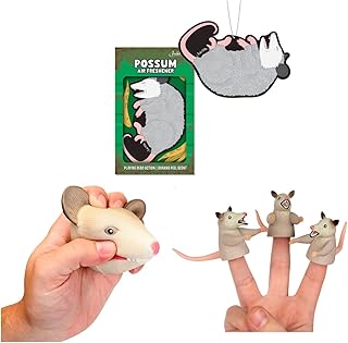 Archie McPhee - Perplexing Possum Perfection Pack - Air Freshener, 3 Finger Puppets and Stress Ball - Set of 5, 2 inches