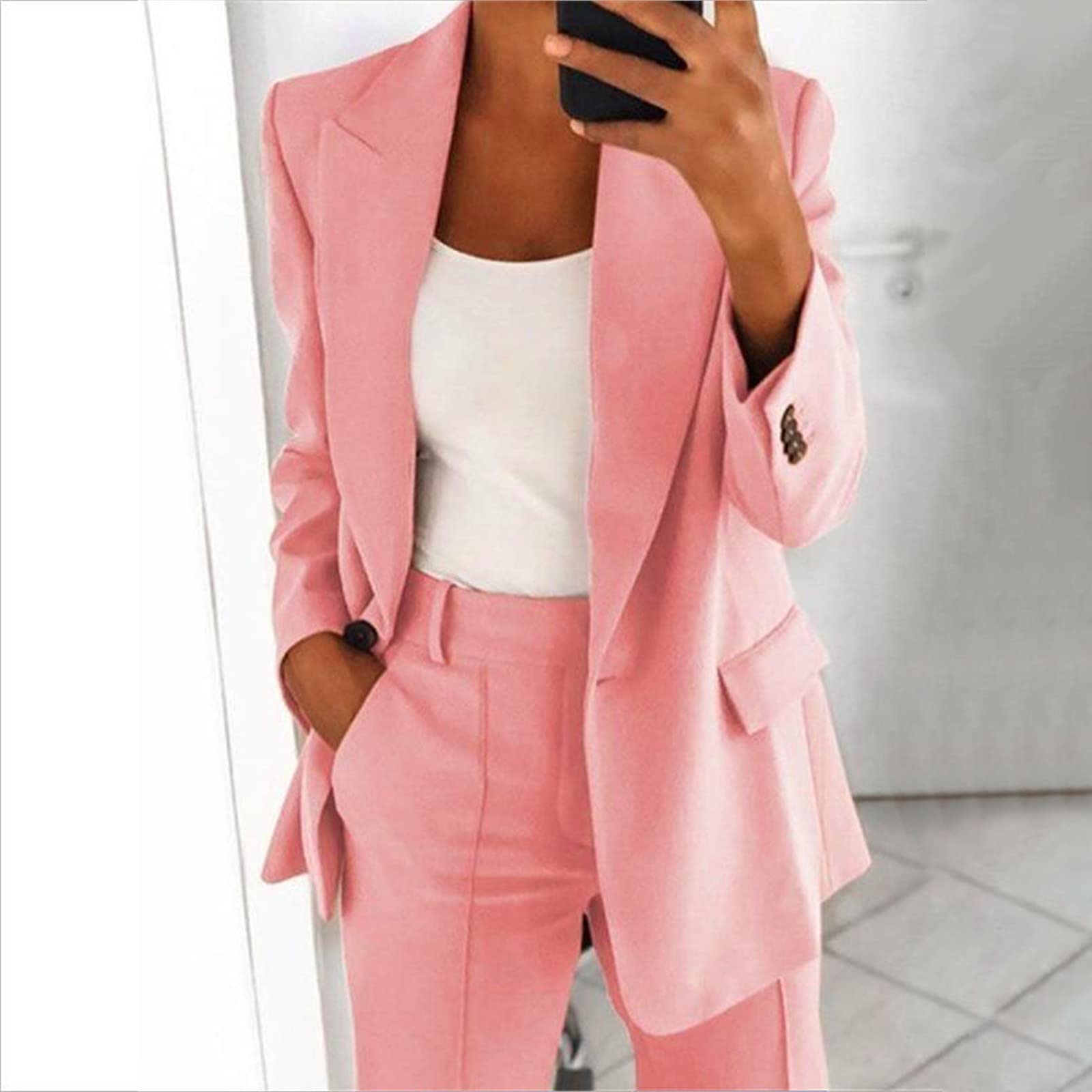 Susenstone Tailleur Femme Ensemble Chic et Élégant Slim Fit Blazer Veste Formelle Pantalon Costumes Manteau Col Revers Couleur Unie