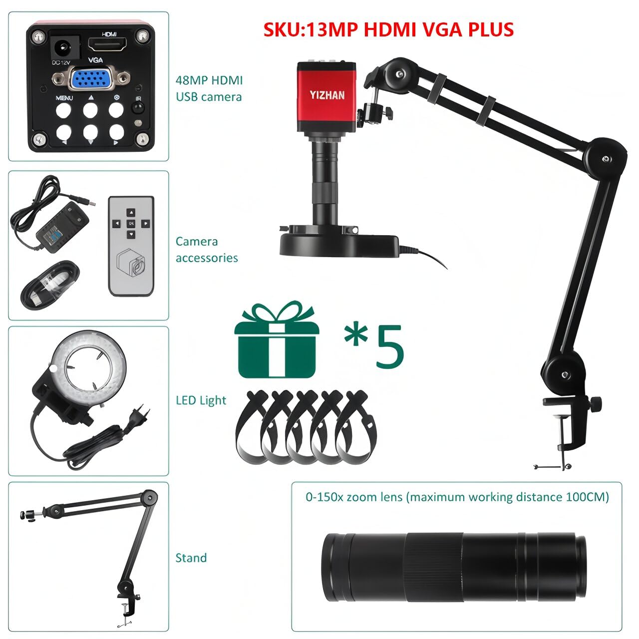 Soldering Microscope 60MP 48MP 4K Electronic Digital Microscope For Soldering 1080P HDMI VGA USB Industrial Camera 150xLens FoldBracket Remote(13MP HDMI VGA PLUS)
