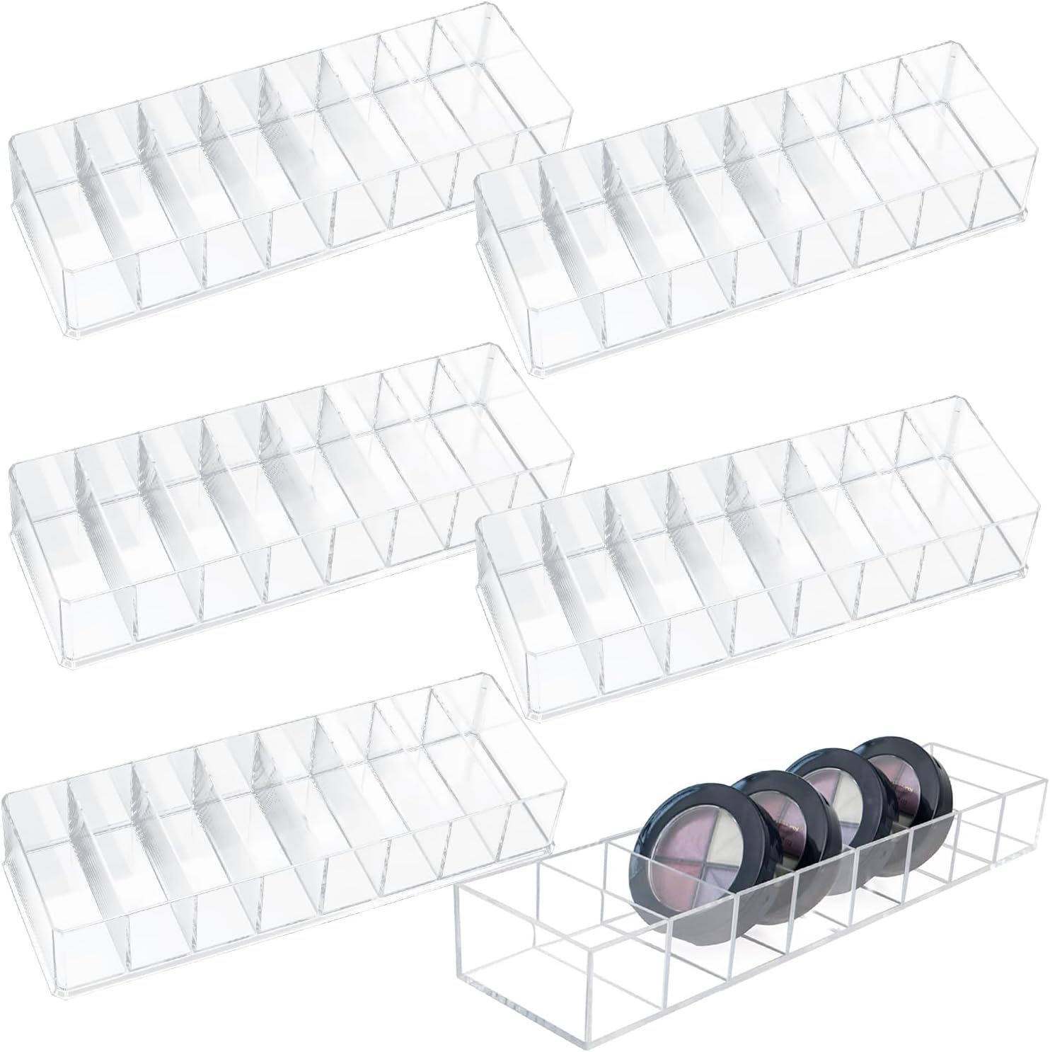 Nsmykhg Acrylic Makeup Organizer,6 Pack 8 Spaces Clear Vanity Drawer for Eyeshadow Palette, Lipstick & Highlighter Storage, Skincare Display, Bathroom Cosmetic Organize,10"x3.5"x1.8"