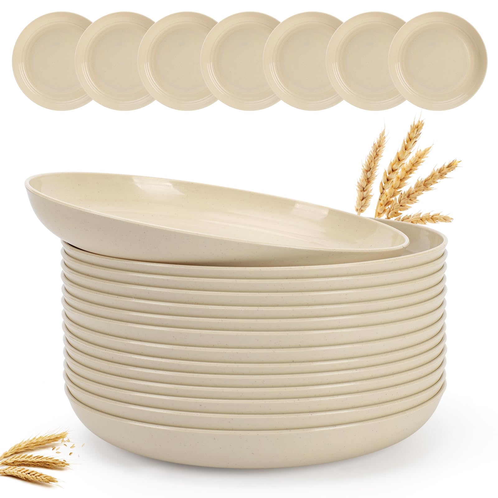 Plastic Plates, 14 Pack 9 inch Wheat Straw Plates, Lightweight Unbreakable Dinner Plates Set, Healthy Cereal Dishes Dishwasher & Microwave Safe, Beige
