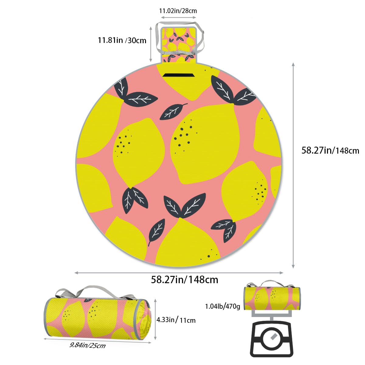Shimoshe Pink Background Lemon Picnic Outdoor Blanket Foldable Waterproof Sandproof Beach Blanket Portable Water-Resistant Round Picnic Mat for Travel Camping Park Lawn