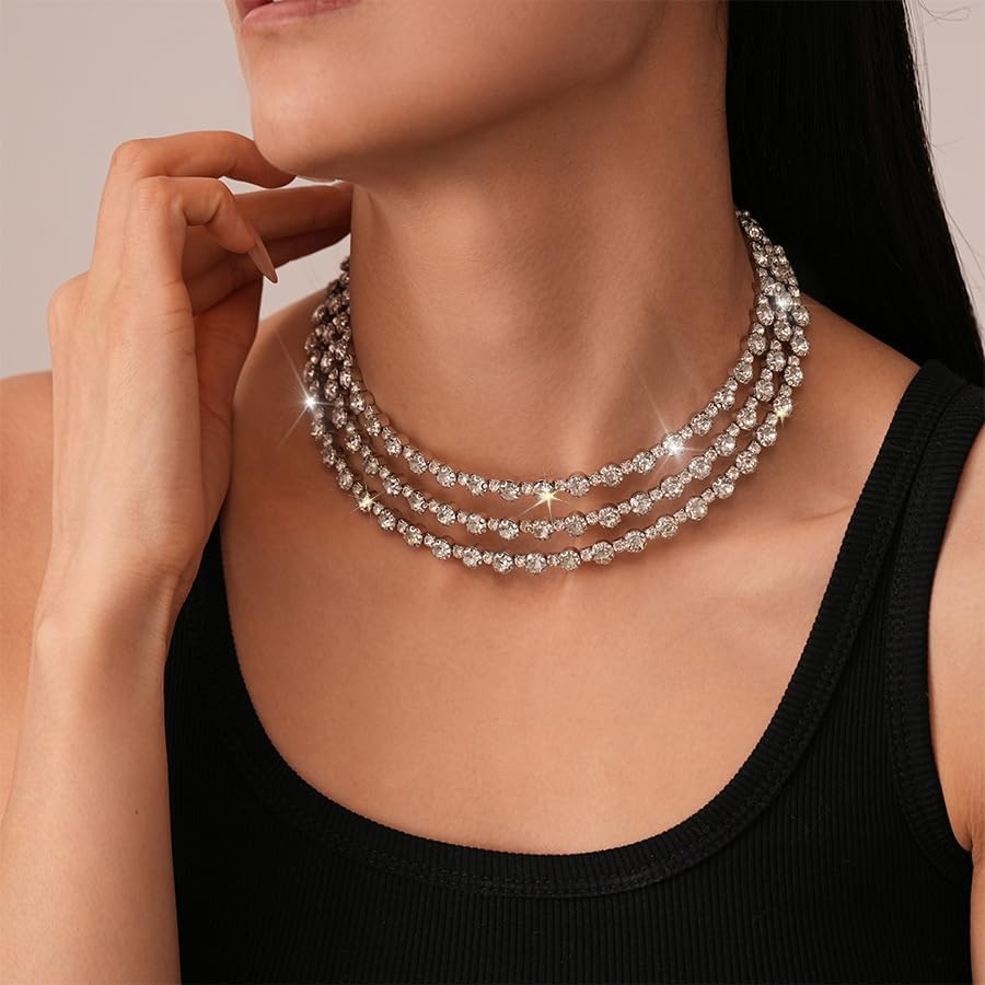 Rhinestone Choker Necklace for Women Sparkly Crystal Layer Choker Necklace Elegant Prom Bridal Wedding Jewelry - Image 2