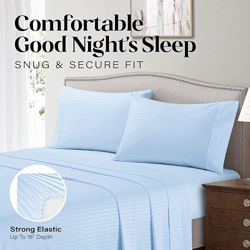 Vista 31 de Elaine Karen Juego de sábanas Queen – Sábanas de 4 piezas a rayas tamaño Queen – Juego de sábanas de bolsillo profundo suave y refrescante – Ropa