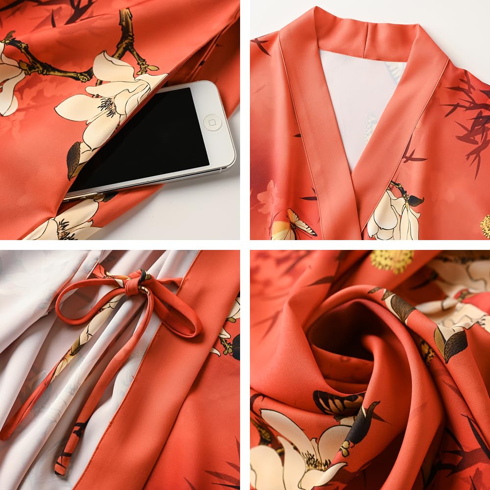 Peignoir kimono court pour femme – Peignoir floral à poche pour femme