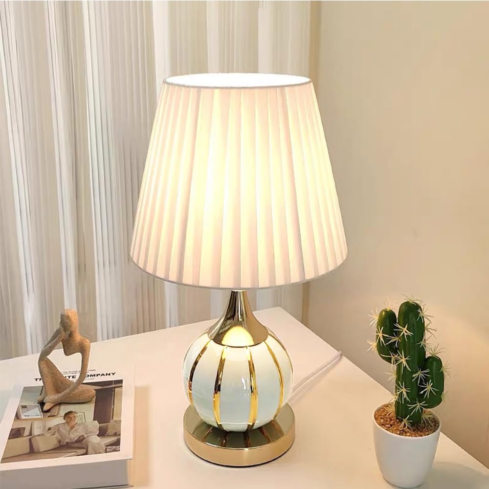 Mengjay Lampada da tavolo in ceramica vintage, Base Sferica,lampada da comodino per soggiorno, camera da letto in tessuto, Luce da lettura, Luce da scrivania, E27 Luce notturna (Bianco)