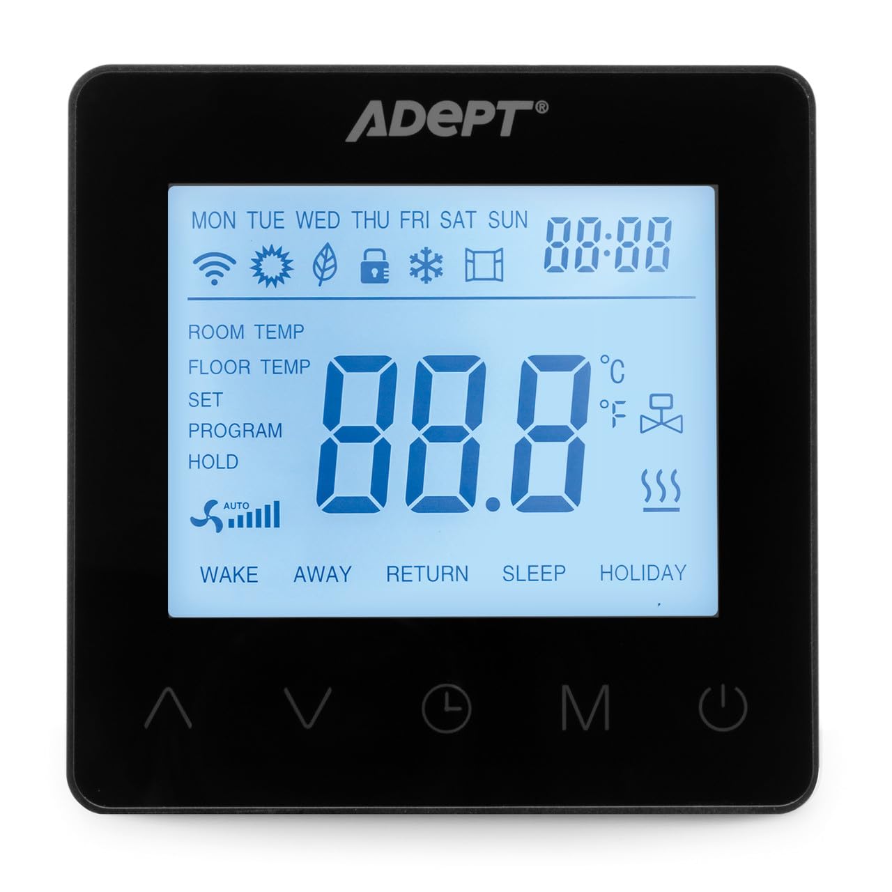 Adept Technology T5100 Modern Programmable Thermostat – Underfloor Heating Controller with Large Screen, 4 Daily Heating Periods, Open Window Detection, Anti-Freeze Mode and Sensor Compatible, Black