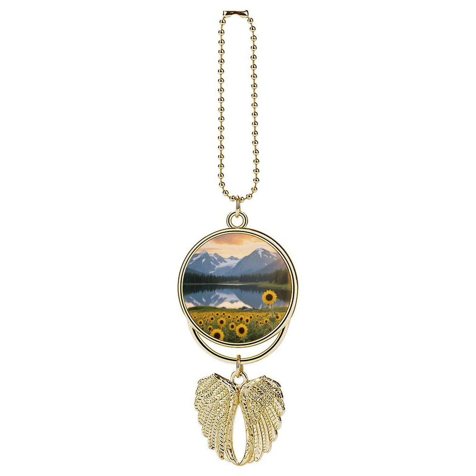 Park Sunflower Landscape Guardian Angel Wing Car Ornament for Mirror, Zinc Alloy Hanging Charm with Spiritual Design for Protection, Rearview Mirror Accessory Decor Gift for Women Men(Golden)