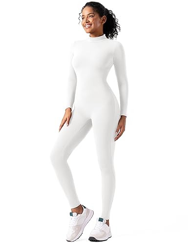 speerise Women Bodysuit Rompers Long Sleeve Jumpsuits Leotards One Piece Tummy Control Yoga Workout Outfits - X-Large - White