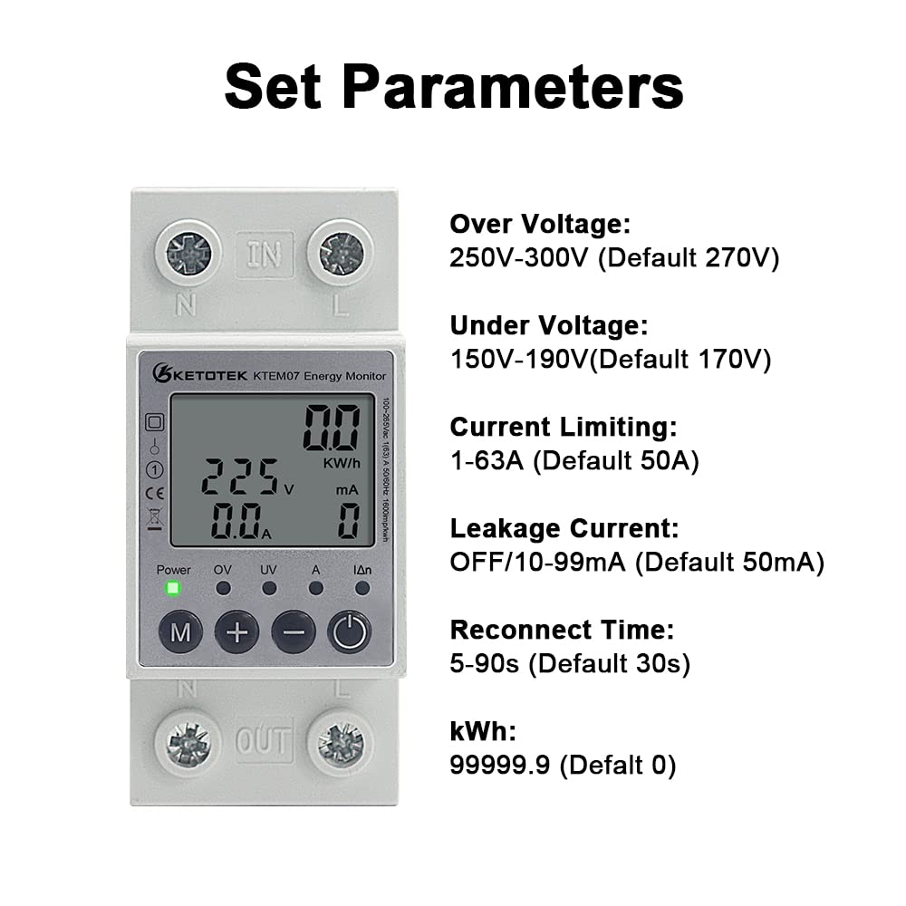 KETOTEK Medidor de Consumo Electrico Monofasico Contador Electrico Carril Din Voltímetro Amperímetro KWh Meter con Protección Contra Sobrecarga