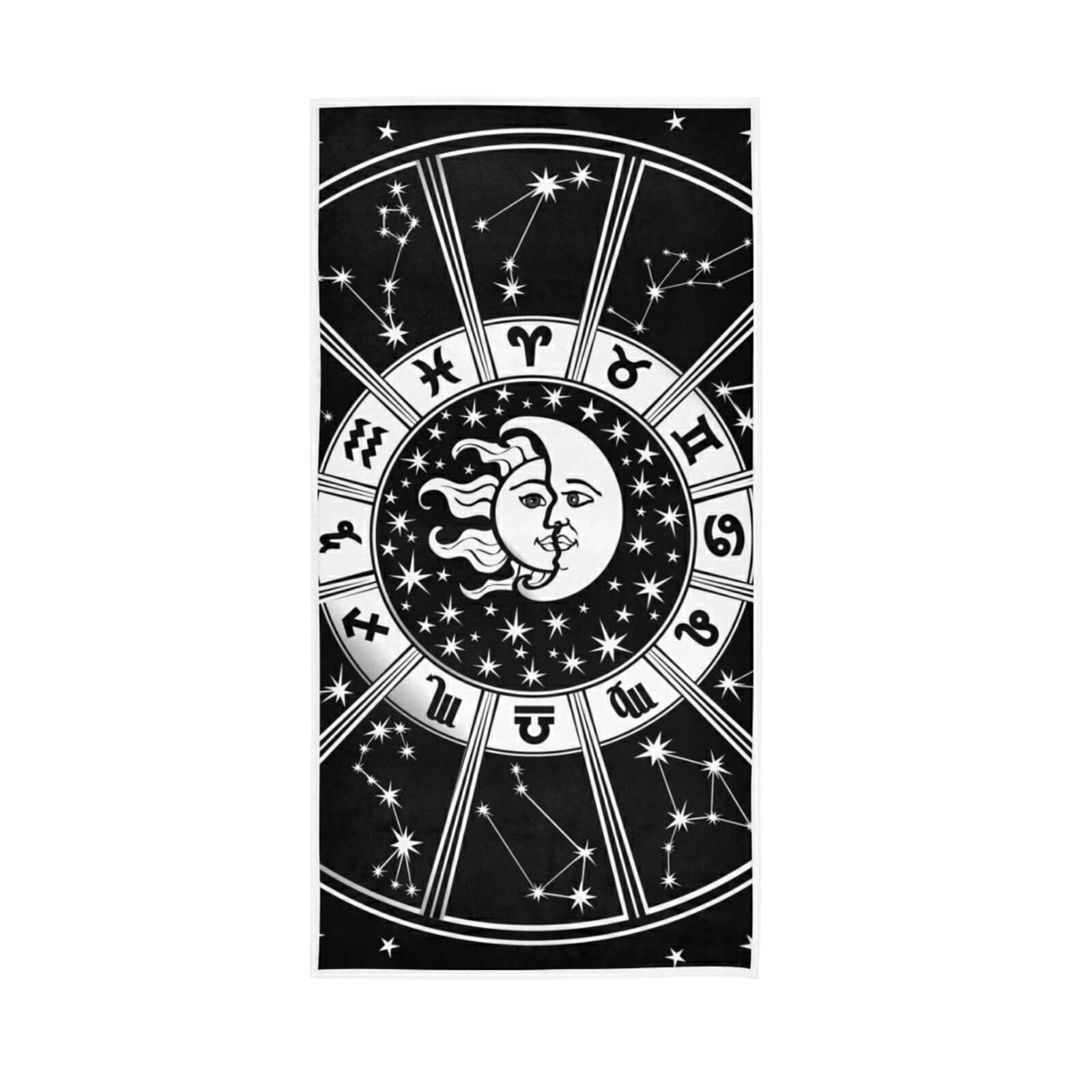 Horoscope Circle with Zodiac Signs Sun Moon Stars Black White Style Soft Face Bath Towel, Highly Absorbent Dish Hand Kitchen Dish Towels Washcloth for Hotel Kitchen Beach Gym Yoga 30 x 15 inches