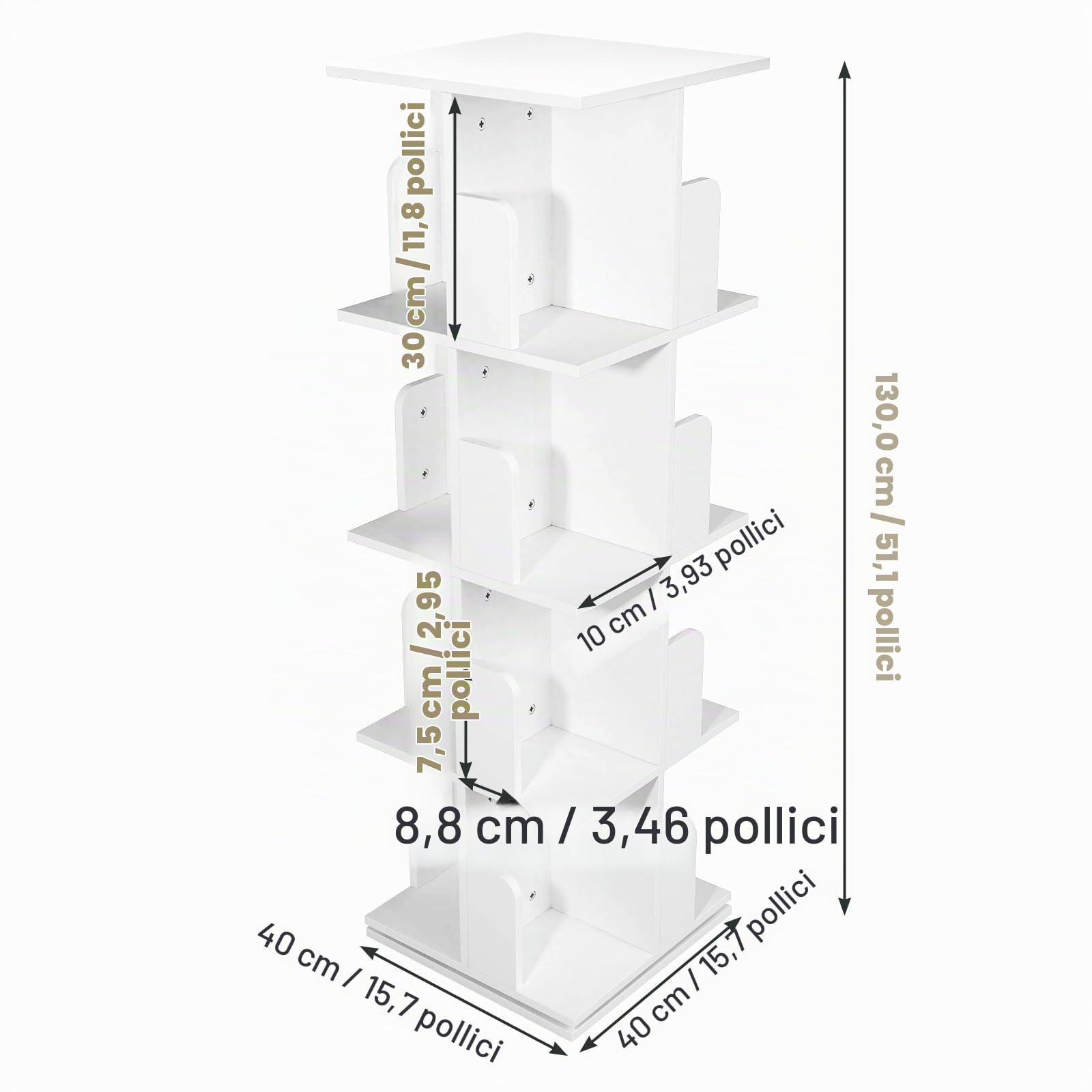 Libreria Girevole, Scaffale, Libreria Girevole 360 Gradi, 4 Livelli 16 Scomparti, Verticale, per Soggiorno, Camera da letto, Ufficio, Bianca 40x40x130cm