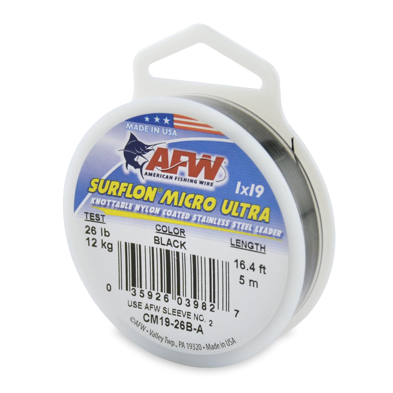 American Fishing Wire Surflon Micro Ultra, Nylon Coated 1x19 Stainless Steel Leader Wire, 26 lb Test, .018" Diameter, Black, 5 m