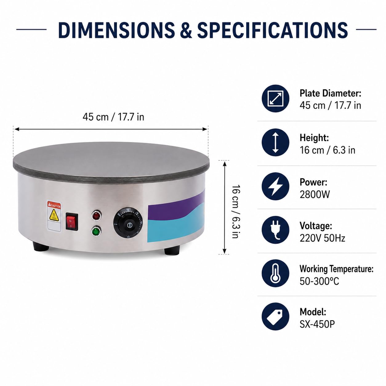 Máquina de crepe eléctrica de 2800 W, crepe, temperatura ajustable con espátula de madera, crepera, apta para familias, cafeterías, restaurantes