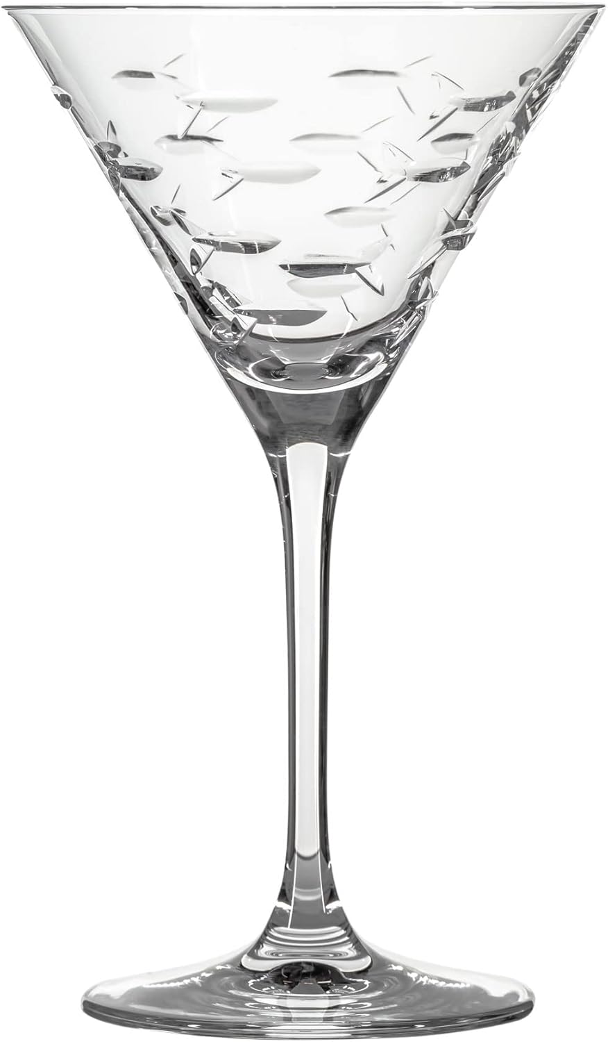 Rolf Glass School of Fish Martini Glass - Set of 4 Stemmed 10 oz. Martini Glasses - Lead-Free Glass - Diamond-Wheel Engraved Cocktail Glasses - Made in the USA