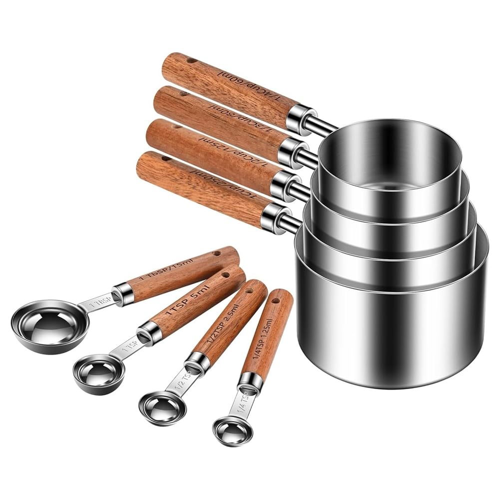 CTRLZS Stackable Wooden Handle Stainless Steel Measuring Cups and Spoons Set of 8, Metal& Plastic Material