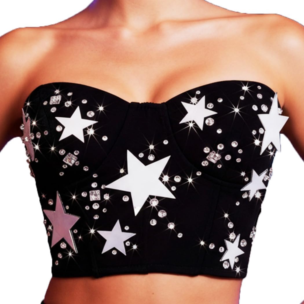 Black Star Corset Top Strapless New Year Dance Bustier Crop Tops for Women