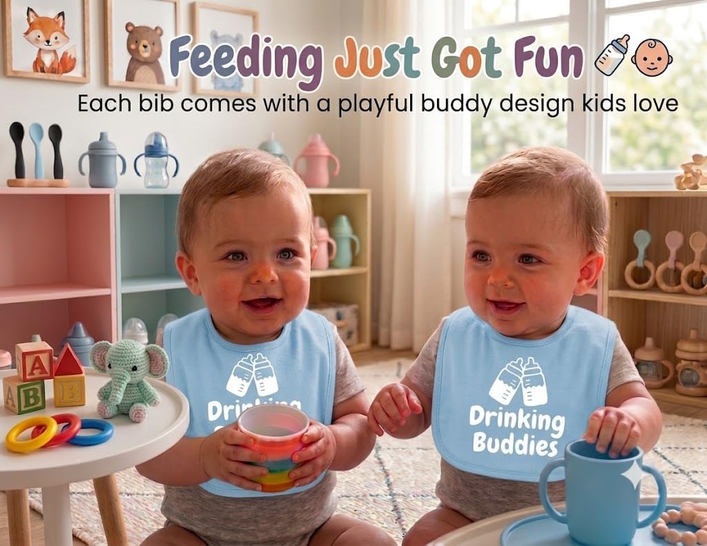 100% Cotton Drinking Buddies Twin Bibs Cute & Practical Unisex Bibs for Twins with Waterproof, Durable, for Everyday Use