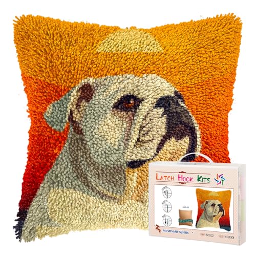 DIY Latch Hook Pillow Kits for Adults English Bulldog with Sunset Printed Pillowcase Crochet Yarns Hooking Handmade Pillow Cover Cushion for Home Sofa Decoration 17x17inch-1