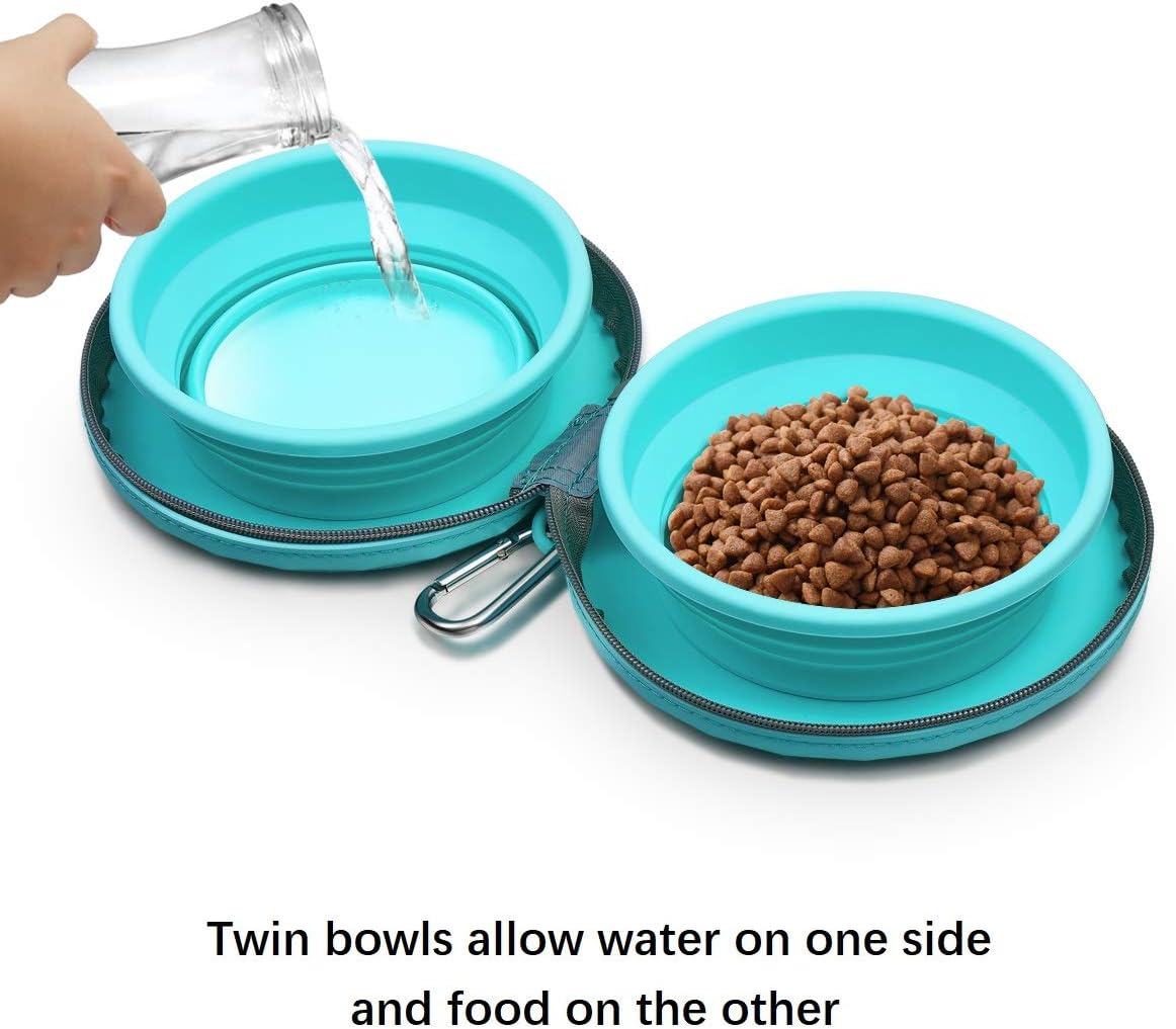 Pet Supplies : KALLAK Collapsible Silicone Twin Dog Bowls with Zipper Silicone Case, Foldable Travel Dog Bowls, Expandable Cup Dish, No Spill Non-Skid Silicone Pet Food and Water Feeder Bowl with Carabiner Clip : 
