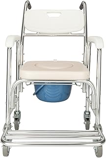 SSLine Aluminum Shower Chair Bedside Commode with Casters & Padded Seat Rolling Transport Chair Lockable Wheelchair Bedside Toilet Seat for Handicap Patient and Seniors