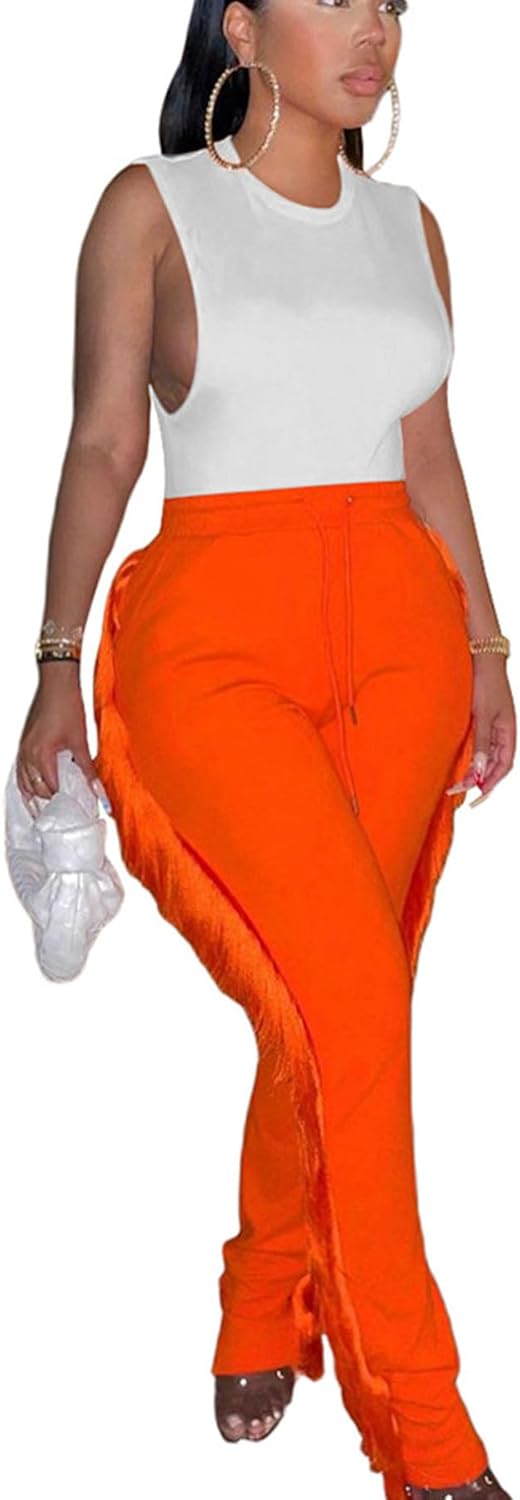 LETSVDO Womens Fringe Jogger Pants Casual High Waist Side Tassels Bodycon Stretch Slim Sweatpants
