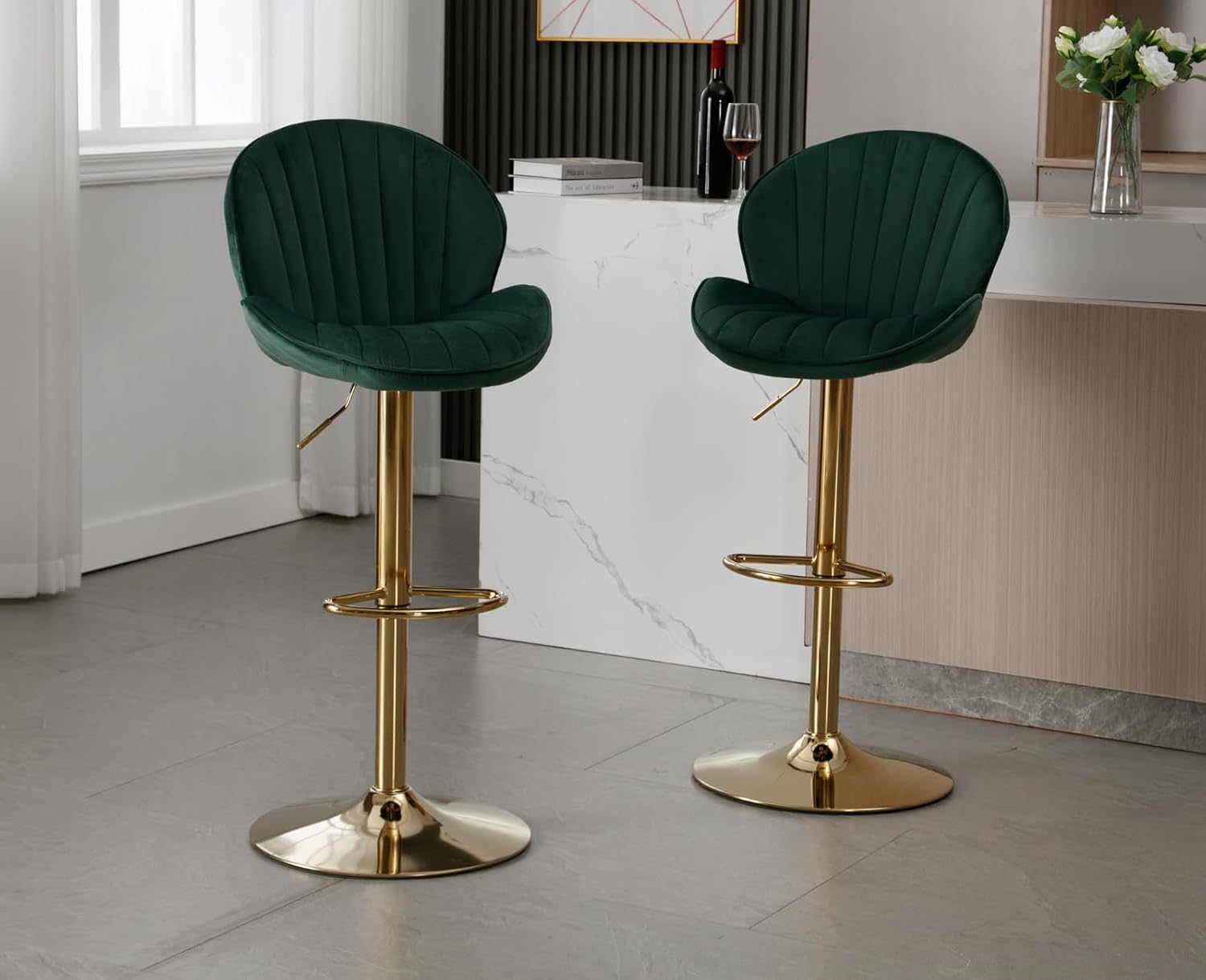 EALSON Velvet Swivel Bar Stools Set of 2 Modern Counter Height Barstools with Back and Gold Base Adjustable Bar Chairs Comfortable Upholstered Kitchen Island Stools for Home Bar/Pub, Green