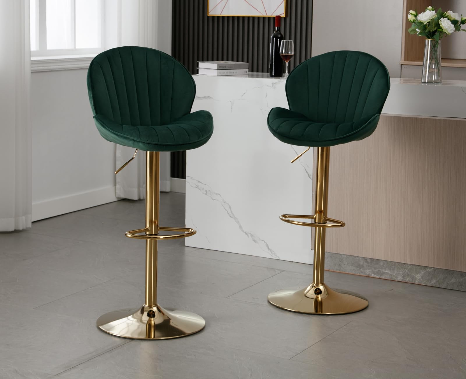EALSON Juego de 2 taburetes de bar giratorios de terciopelo, modernos taburetes de bar con respaldo y base dorada, sillas de bar ajustables, cómodos taburetes tapizados para isla de cocina para el
