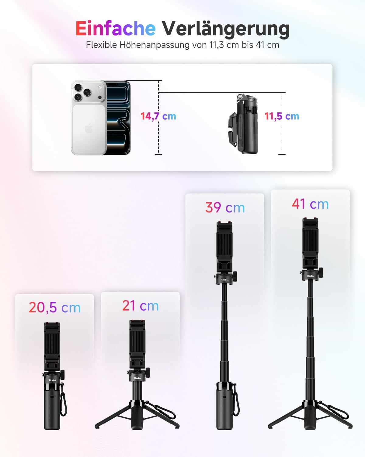 Rollei Easy Creator SmartGrip Handy Stativ 3-in-1 Ausziehbares Selfie Stick mit Fernbedienung für iPhone Android Tragbarer Mini Handystativ mit 2 Kaltschuhenn, Handy-Stativ-Selfie-Stick-Smartphone