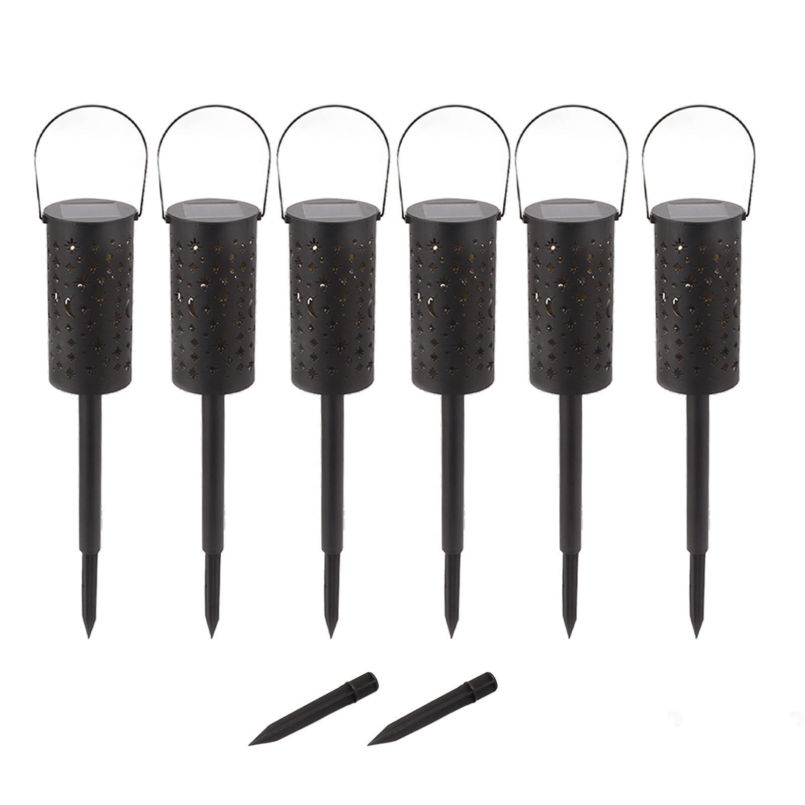 6pcs Solar Pathway Lights Moon Star Hollow Out Solar Garden Lights Wasserdichte Landschaftslichter mit Gartenpfahl Outdoor-Rasen-Patio-Gehweg