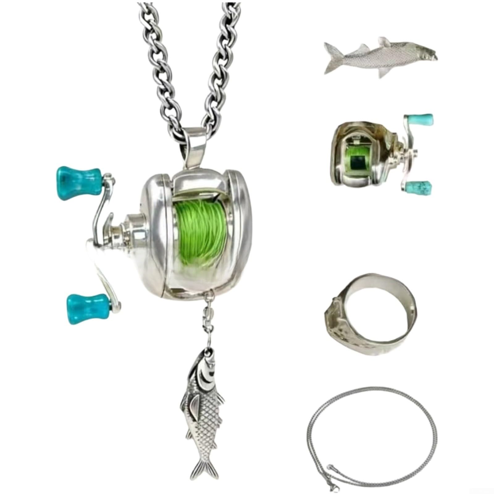 Petit collier de moulinet de pêche avec pendentif et anneau - Design miniature en alliage avec chaîne réglable de 60 cm - Bijoux compacts et légers sur le thème de la pêche pour les pêcheurs