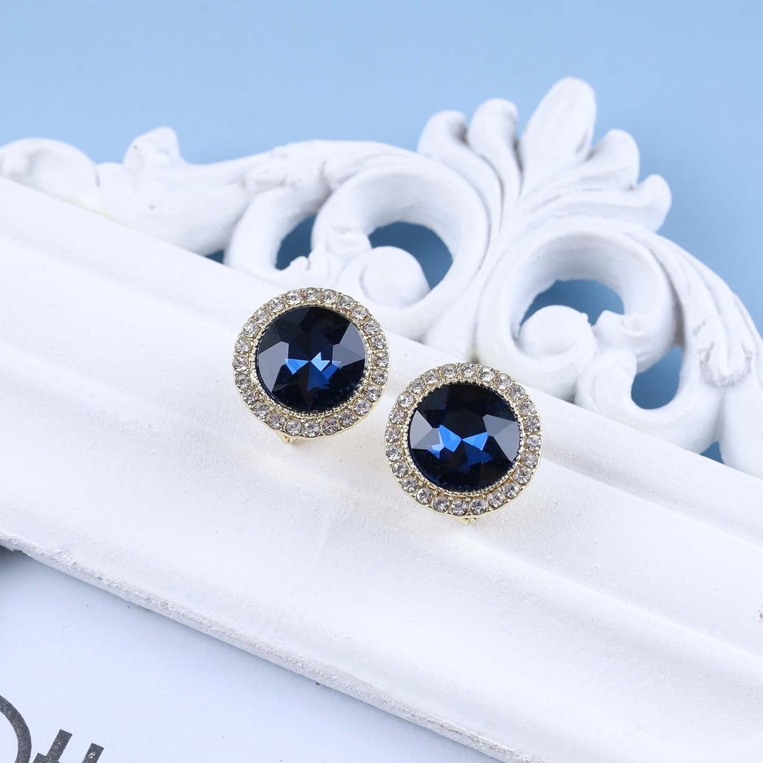 Vintage Sapphire Circle Earrings Gold Sapphire Stud Earrings Round Sapphire Earrings Geometric Blue Crystal Earrings Jewelry for Women (Blue) - Image 8
