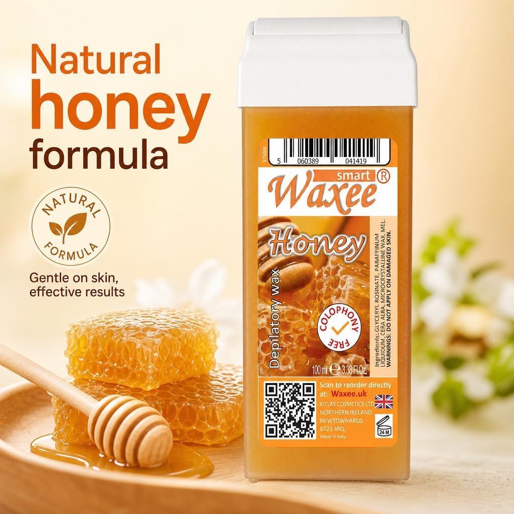 Waxee Roll On Wachskartusche, 100 ml, natürliches Honigwachs - Kolophoniumfrei - Körperwachs - Haarentfernungsbehandlung zu Hause - Empfindliche Haut - Unisex