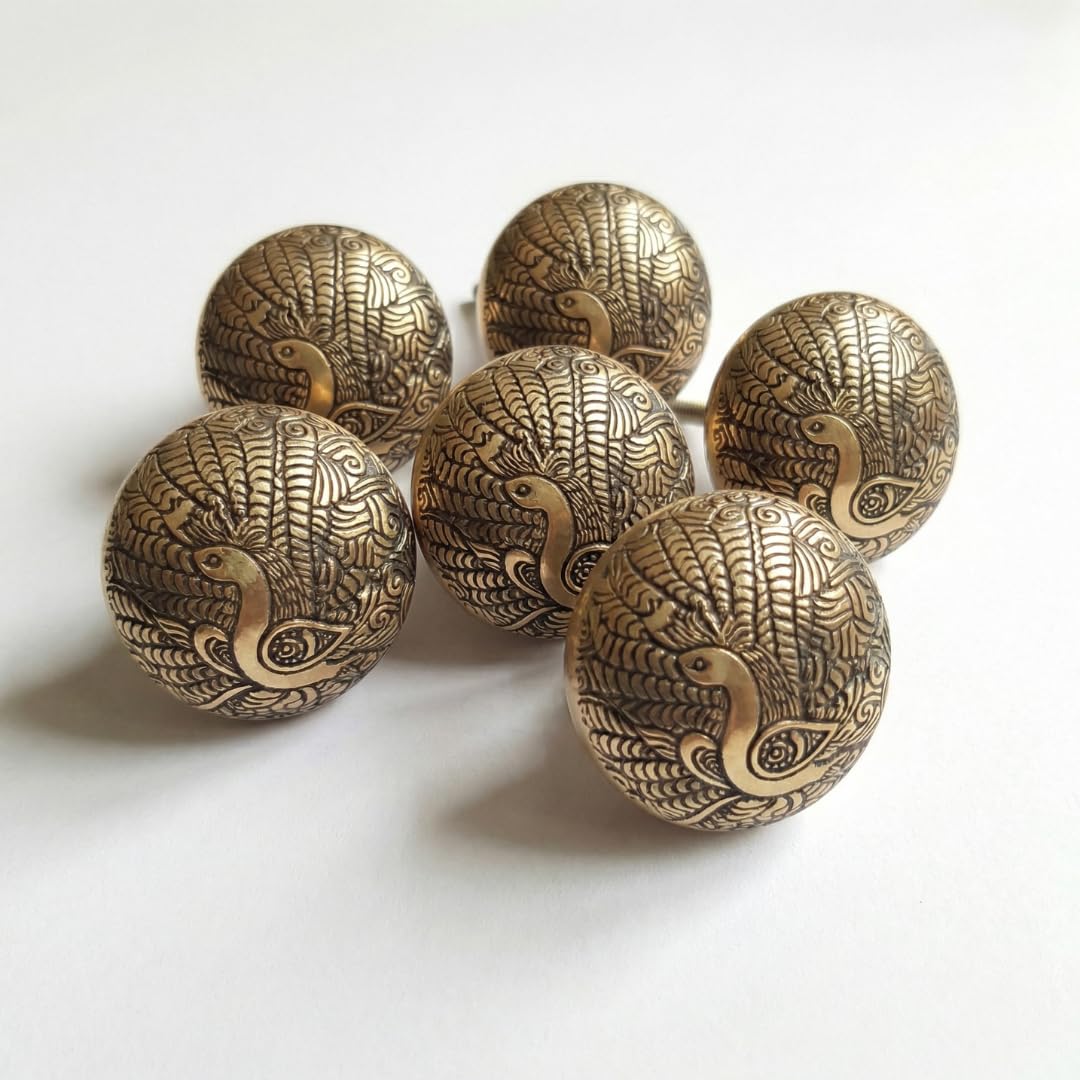 owlKraft Set of 6 Brass Knobs Kitchen Cabinet Pull knobs | Modern Drawer Knobs - Brass Peacock Patterned Knobs | Simple Hardware for Kitchen, Bathroom Cabinets & Dressers | Vintage Shabby Chic 36 mm